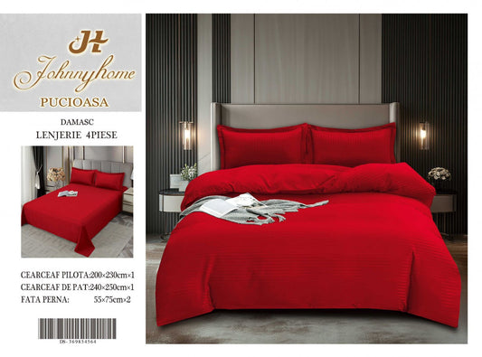 Lenjerie Pat Dublu din Bumbac Damasc, 4 Piese, Rosu-H8261
