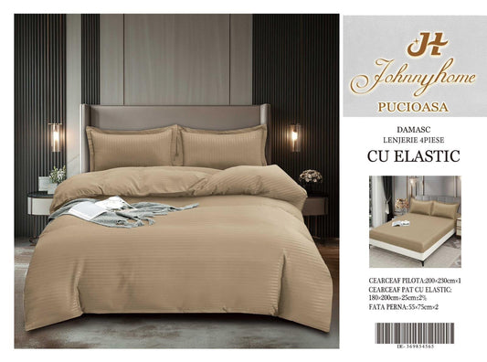 Lenjerie Pat Dublu din Bumbac Damasc, 4 Piese cu Elastic, Bej-H8286