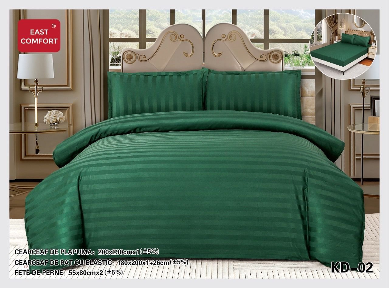 Lenjerie Pat Dublu din Bumbac Damasc, 4 Piese cu Elastic, Model Dungat, Verde Smarald-D7721