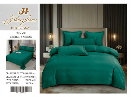 Lenjerie Pat Dublu din Bumbac Damasc, 6 Piese, Verde Smarald-H8293