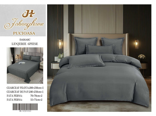 Lenjerie Pat Dublu din Bumbac Damasc, 6 Piese, Gri Inchis-H8292