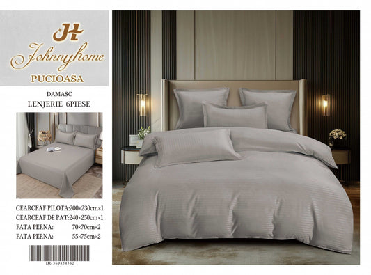 Lenjerie Pat Dublu din Bumbac Damasc, 6 Piese, Gri Deschis-H8297