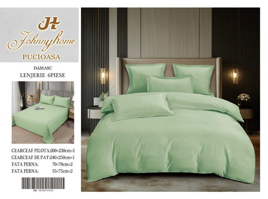 Lenjerie Pat Dublu din Bumbac Damasc, 6 Piese, Verde Deschis-H8299
