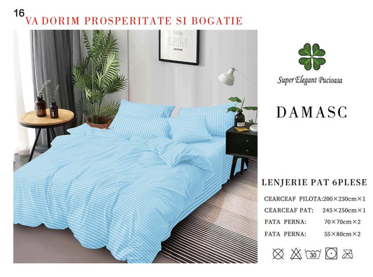 Lenjerie Pat Dublu din Bumbac Damasc, cu 6 Piese, Bleu-P7019