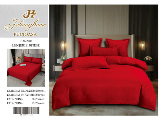 Lenjerie Pat Dublu din Bumbac Damasc, 6 Piese, Rosu-H8302