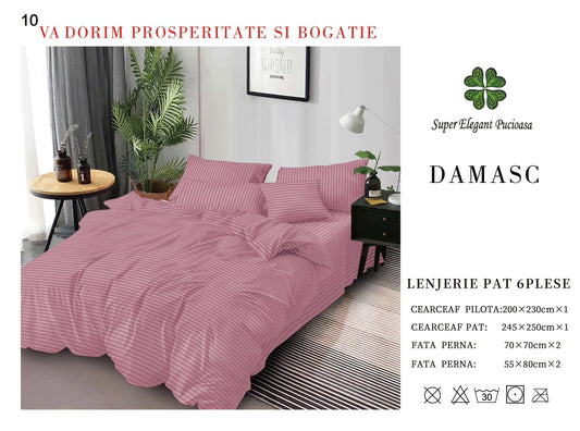 Lenjerie Pat Dublu din Bumbac Damasc, cu 6 Piese, Roz Inchis-P7034