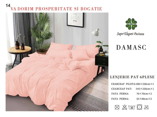 Lenjerie Pat Dublu din Bumbac Damasc, cu 6 Piese, Corai-P7031