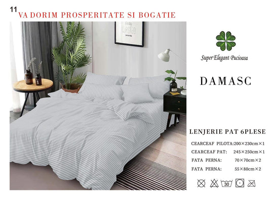 Lenjerie Pat Dublu din Bumbac Damasc, cu 6 Piese, Gri Deschis-P7032