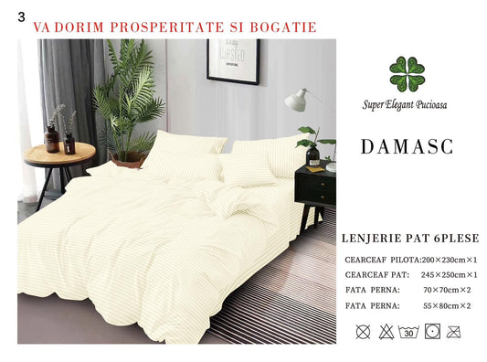 Lenjerie Pat Dublu din Bumbac Damasc, cu 6 Piese, Crem-P7030
