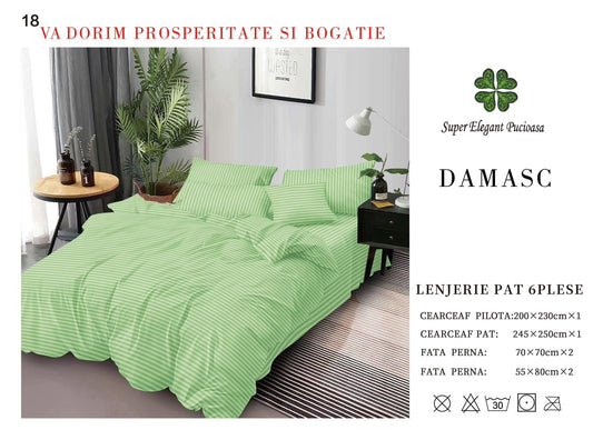 Lenjerie Pat Dublu din Bumbac Damasc, cu 6 Piese, Verde Deschis-P7028