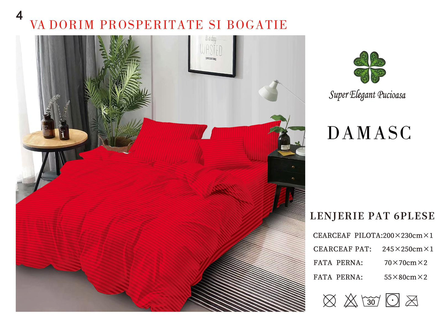 Lenjerie Pat Dublu din Bumbac Damasc, cu 6 Piese, Rosu-P7025