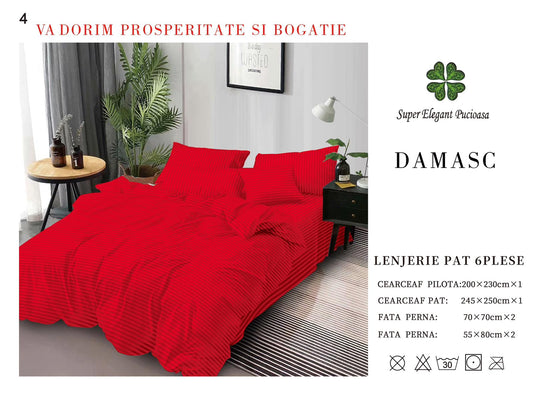 Lenjerie Pat Dublu din Bumbac Damasc, cu 6 Piese, Rosu-P7025