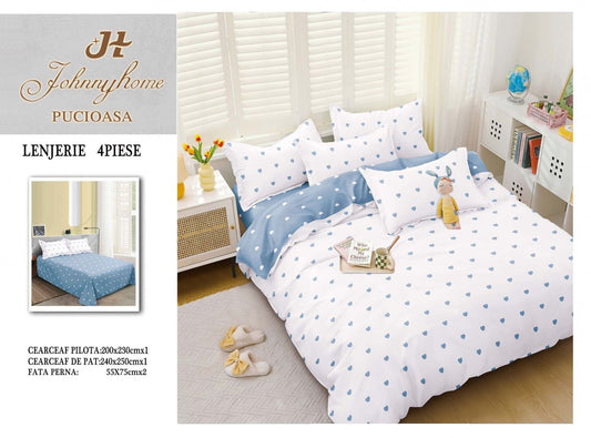 Lenjerie Pat Dublu din Bumbac Satinat Superior cu 4 Piese, Inimioare-H7608