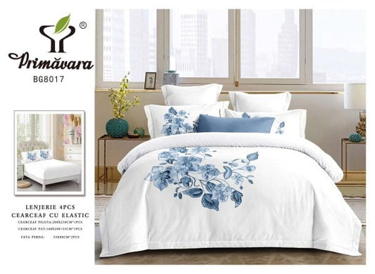Lenjerie Pat Dublu din Finet, 4 Piese, cu Elastic, Model Elegant cu Flori, Alb-P8090