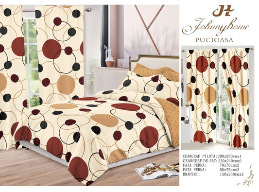 Lenjerie Pat Dublu din Finet, 6 Piese + 2 Draperii, Bej/Cercuri-H6854