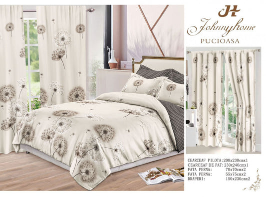 Lenjerie Pat Dublu din Finet, 6 Piese + 2 Draperii, Bej/Papadie-H6856