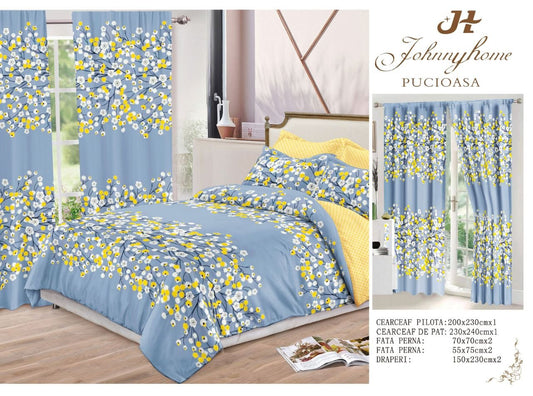Lenjerie Pat Dublu din Finet, 6 Piese + 2 Draperii, Bleu/Floricele-H6863