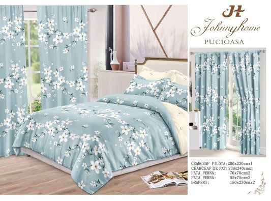 Lenjerie Pat Dublu din Finet, 6 Piese + 2 Draperii, Bleu/Floricele-H6865