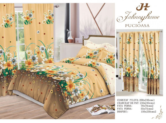 Lenjerie Pat Dublu din Finet, 6 Piese + 2 Draperii, Floricele-H6864