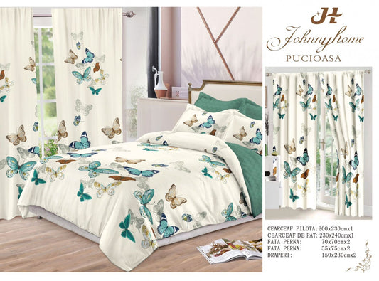 Lenjerie Pat Dublu din Finet, 6 Piese + 2 Draperii, Fluturi-H6858