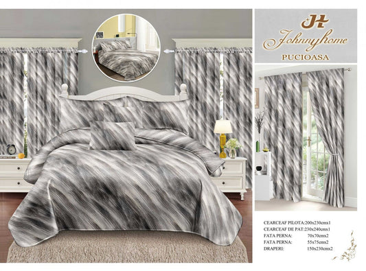 Lenjerie Pat Dublu din Finet, 6 Piese + 2 Draperii, Gri Abstract-H7798