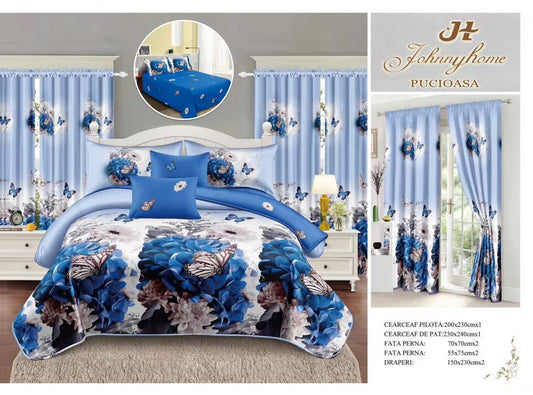Lenjerie Pat Dublu din Finet, 6 Piese + 2 Draperii, Flori-H7800