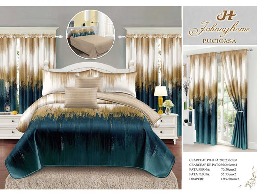 Lenjerie Pat Dublu din Finet, 6 Piese + 2 Draperii, Verde/Bej-H7799