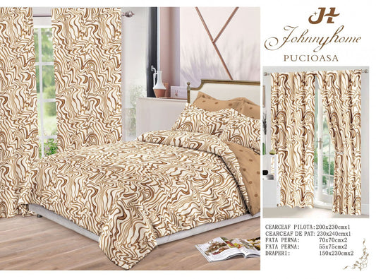 Lenjerie Pat Dublu din Finet, 6 Piese + 2 Draperii, Maro-H6859