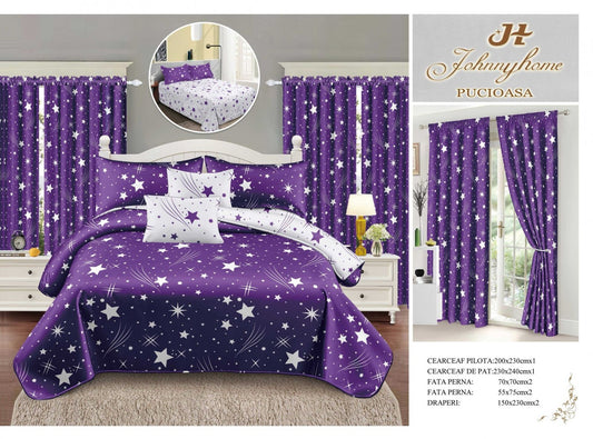 Lenjerie Pat Dublu din Finet, 6 Piese + 2 Draperii, Mov/Stelute-H6870