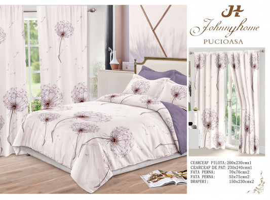 Lenjerie Pat Dublu din Finet, 6 Piese + 2 Draperii, Papadii-H6868