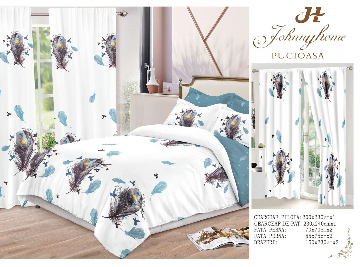 Lenjerie Pat Dublu din Finet, 6 Piese + 2 Draperii, Pene-H6869