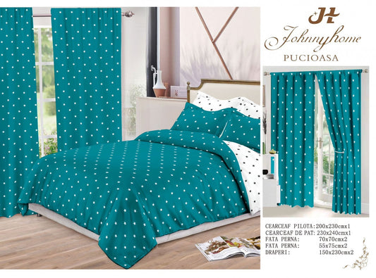 Lenjerie Pat Dublu din Finet, 6 Piese + 2 Draperii, Turcoaz/Stelute-H6860