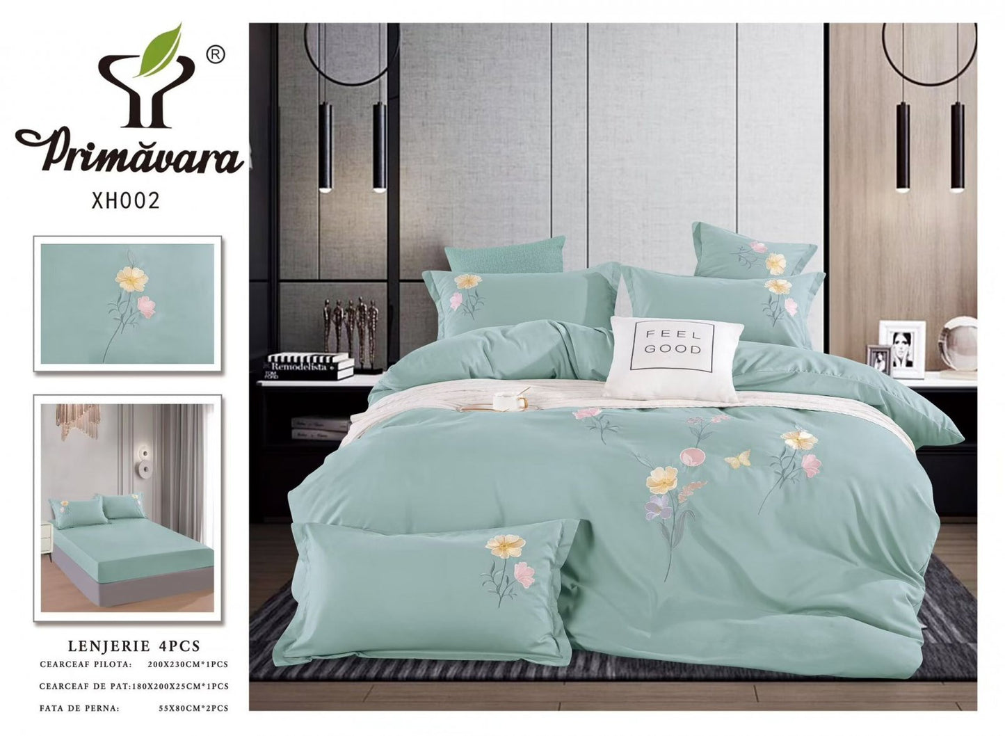 Lenjerie Pat Dublu din Finet, 4 Piese, cu Elastic si Flori Brodate, Verde Opalin-P7484