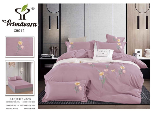 Lenjerie Pat Dublu din Finet, 4 Piese, cu Elastic si Flori Brodate, Roz Prafuit-P7483