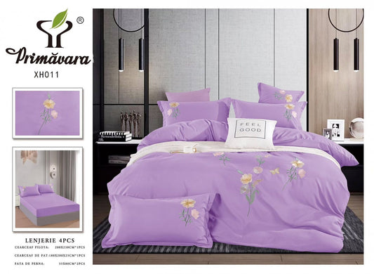 Lenjerie Pat Dublu din Finet, 4 Piese, cu Elastic si Flori Brodate, Lila-P7482
