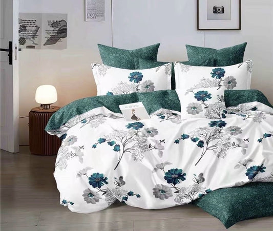 Lenjerie Pat Dublu, din Finet, 6 Piese, Alb/Verde/Flori-D6920