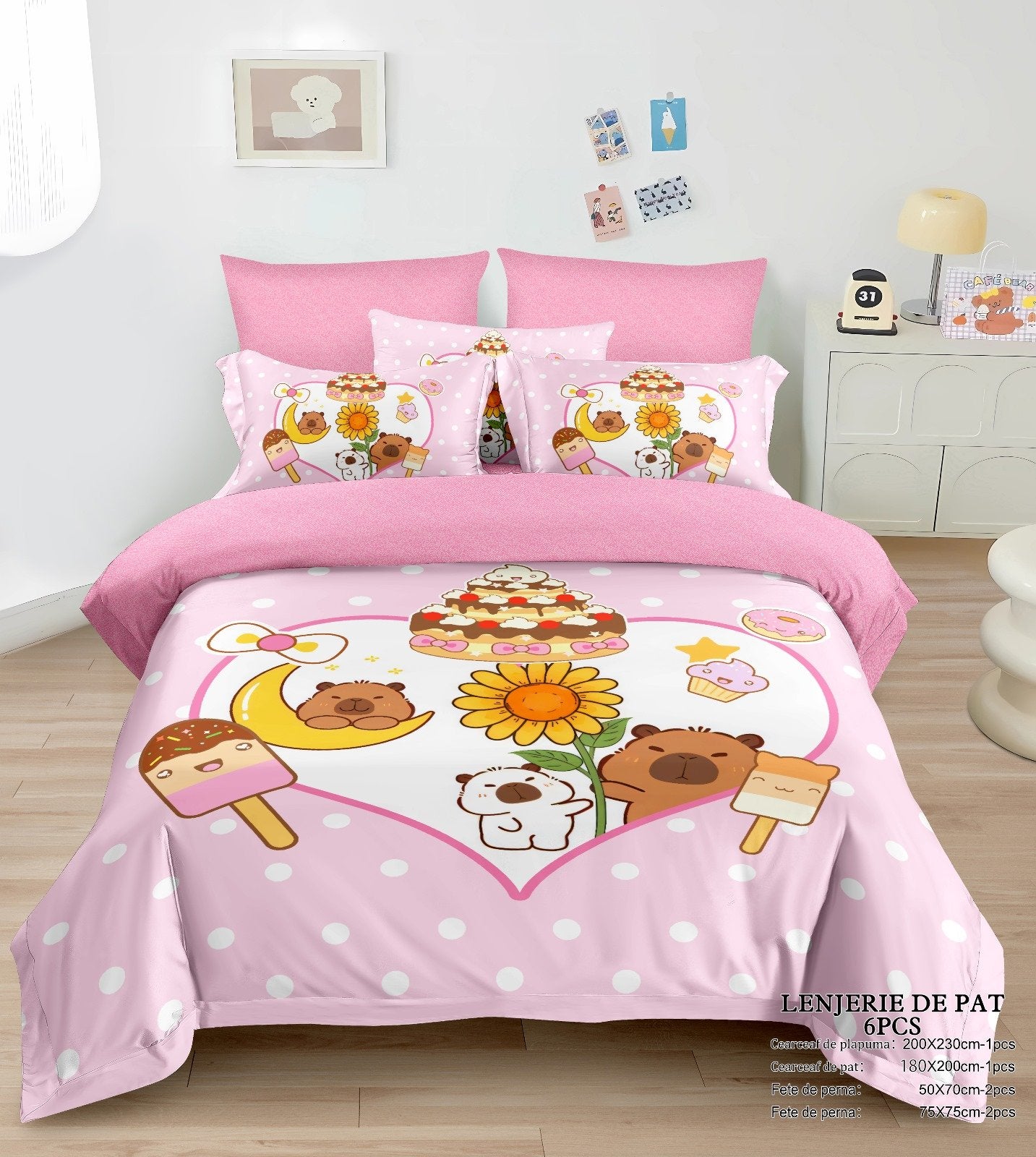 Lenjerie Pat Dublu din Finet Premium, 6 Piese, cu Elastic, Roz/Capybara-N8016