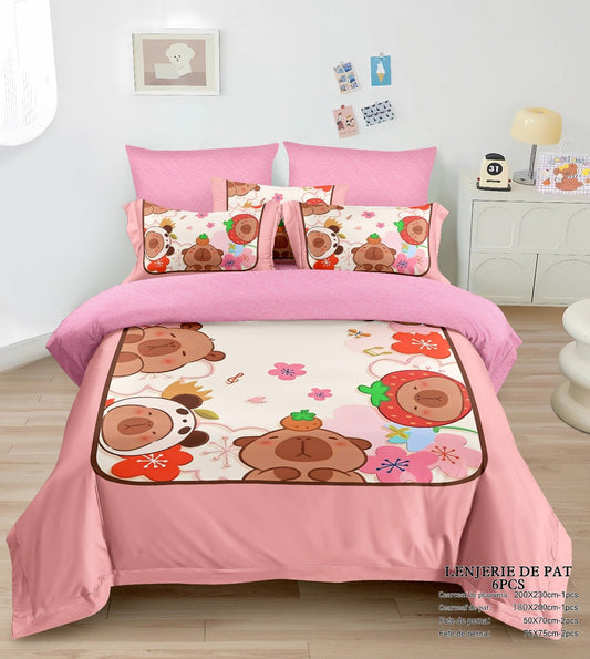 Lenjerie Pat Dublu din Finet Premium, 6 Piese, cu Elastic, Capybara/Floricele-N8021