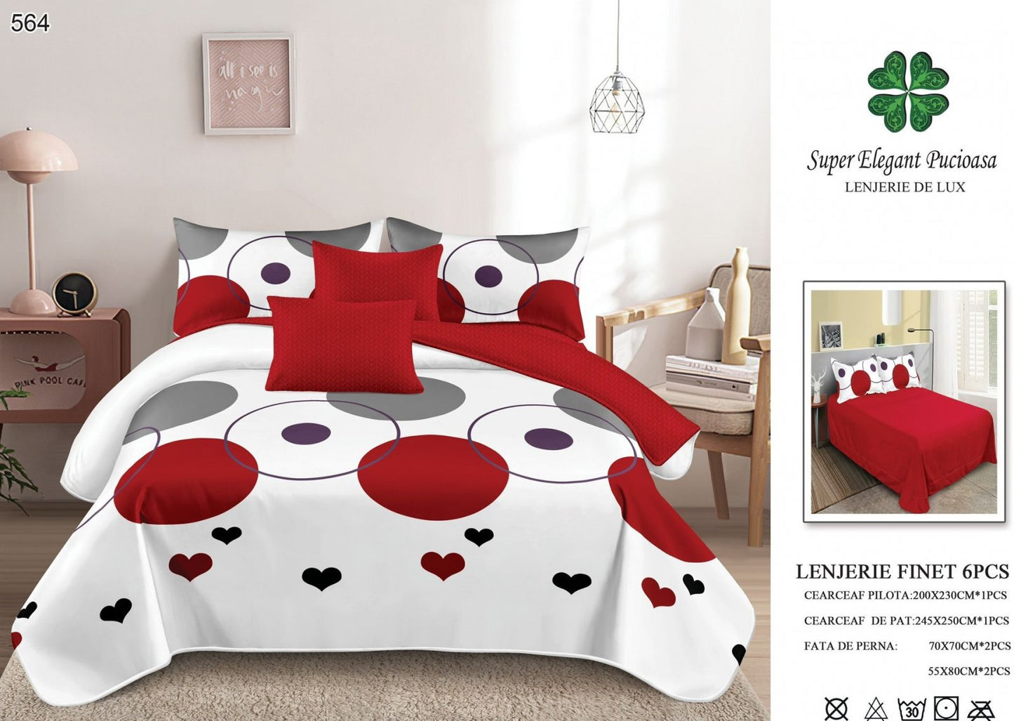 Lenjerie Pat Dublu, Finet, 6 Piese, Cercuri/Inimi-P7055