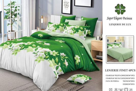 Lenjerie Pat Dublu, Finet, 6 Piese, Alb/Verde/Flori-P7120