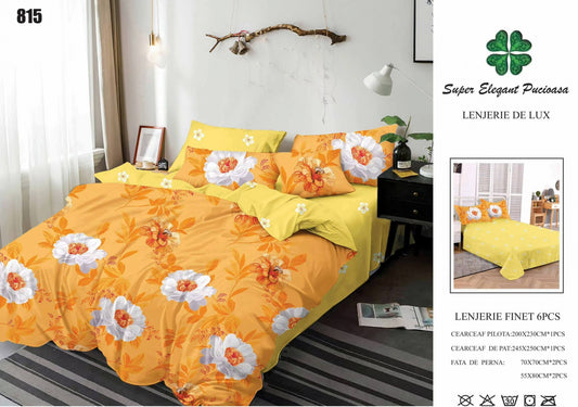 Lenjerie Pat Dublu, Finet, 6 Piese, Galben/Portocaliu/Flori-P7042