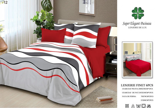 Lenjerie Pat Dublu, Finet, 6 Piese, Rosu/Gri/Alb-P7041