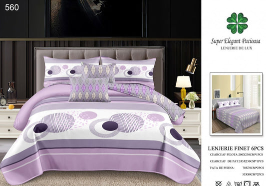 Lenjerie Pat Dublu, Finet, 6 Piese, Lila Abstract-P7046
