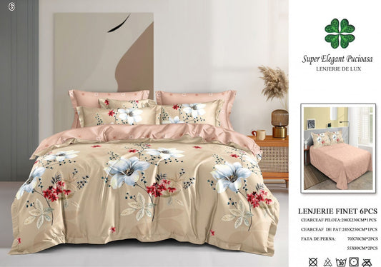 Lenjerie Pat Dublu, Finet, 6 Piese, Bej/Flori-P7043