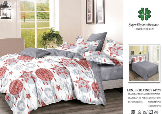 Lenjerie Pat Dublu, Finet, 6 Piese, Gri/Stelute-P7049