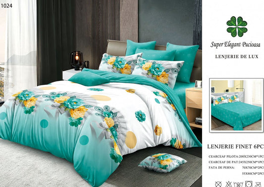 Lenjerie Pat Dublu, Finet, 6 Piese, Vernil/Alb/Flori-P7045