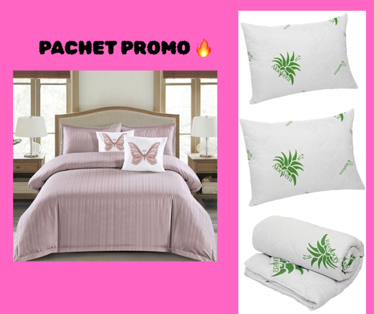 Pachet Promotional Lenjerie Damasc 6 Piese cu Elastic+Pilota Aloe Vera+2 Perne Aloe Vera-PP8146