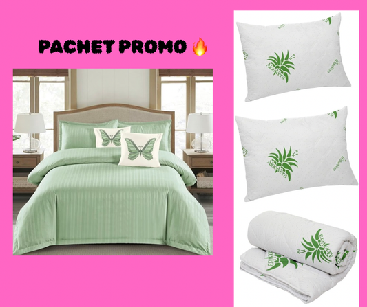 Pachet Promotional Lenjerie Damasc 6 Piese cu Elastic+Pilota Aloe Vera+2 Perne Aloe Vera-PP8144