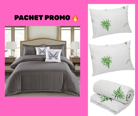 Pachet Promotional Lenjerie Damasc 6 Piese cu Elastic+Pilota Aloe Vera+2 Perne Aloe Vera-PP8145