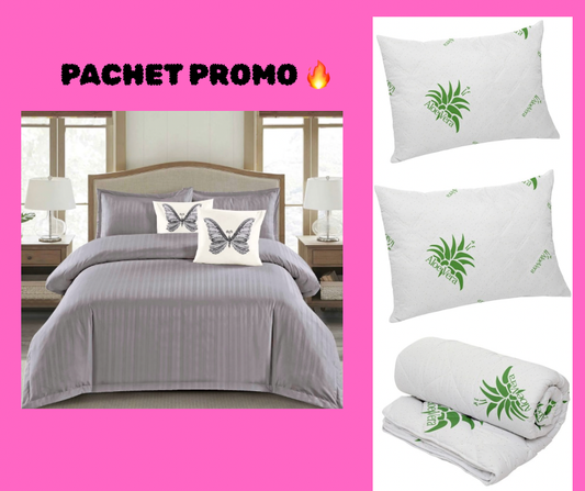 Pachet Promotional Lenjerie Damasc 6 Piese cu Elastic+Pilota Aloe Vera+2 Perne Aloe Vera-PP8147